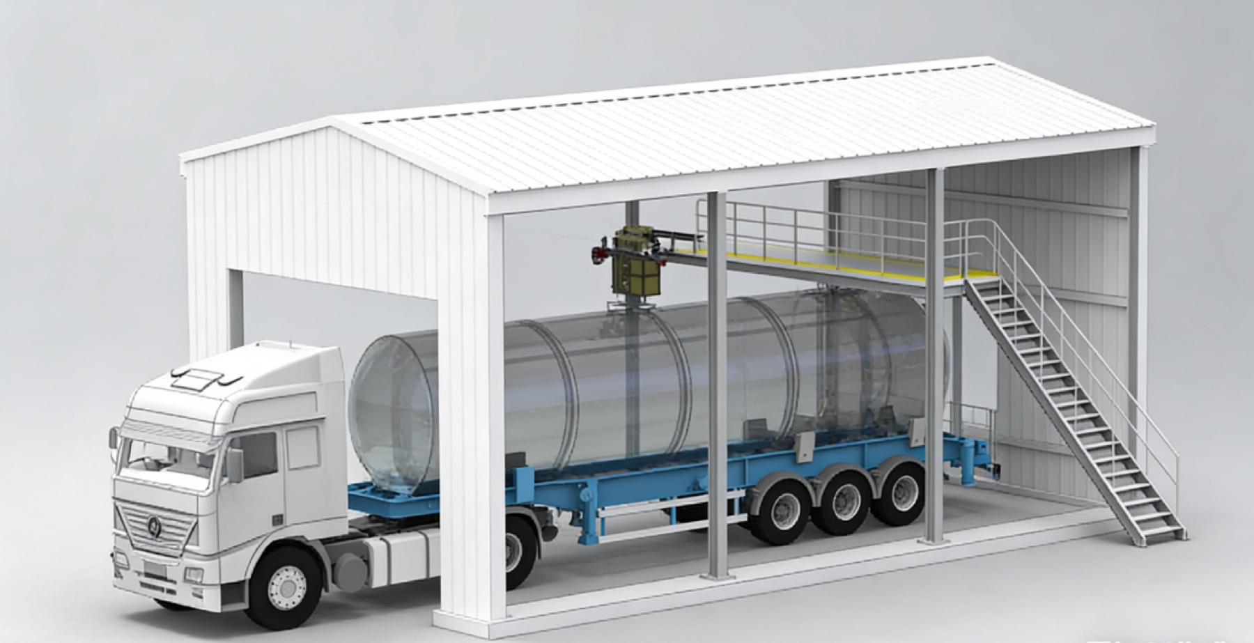 Cutaway view of an automated tank-cleaning station layout