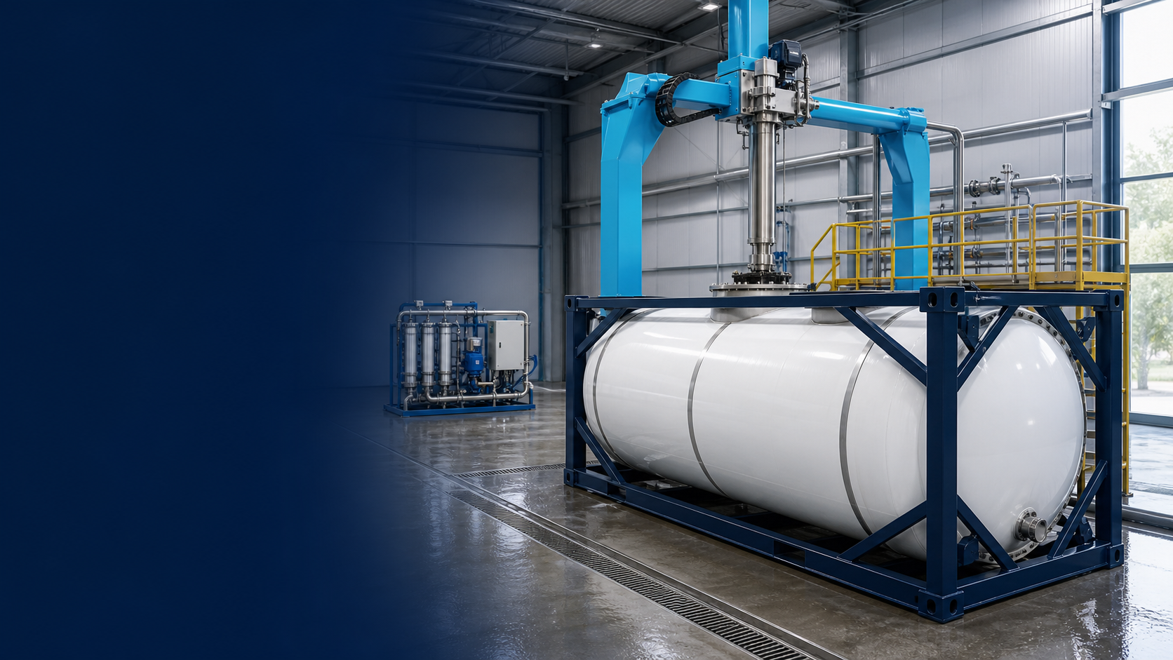 ISO tank container under an automated cleaning head