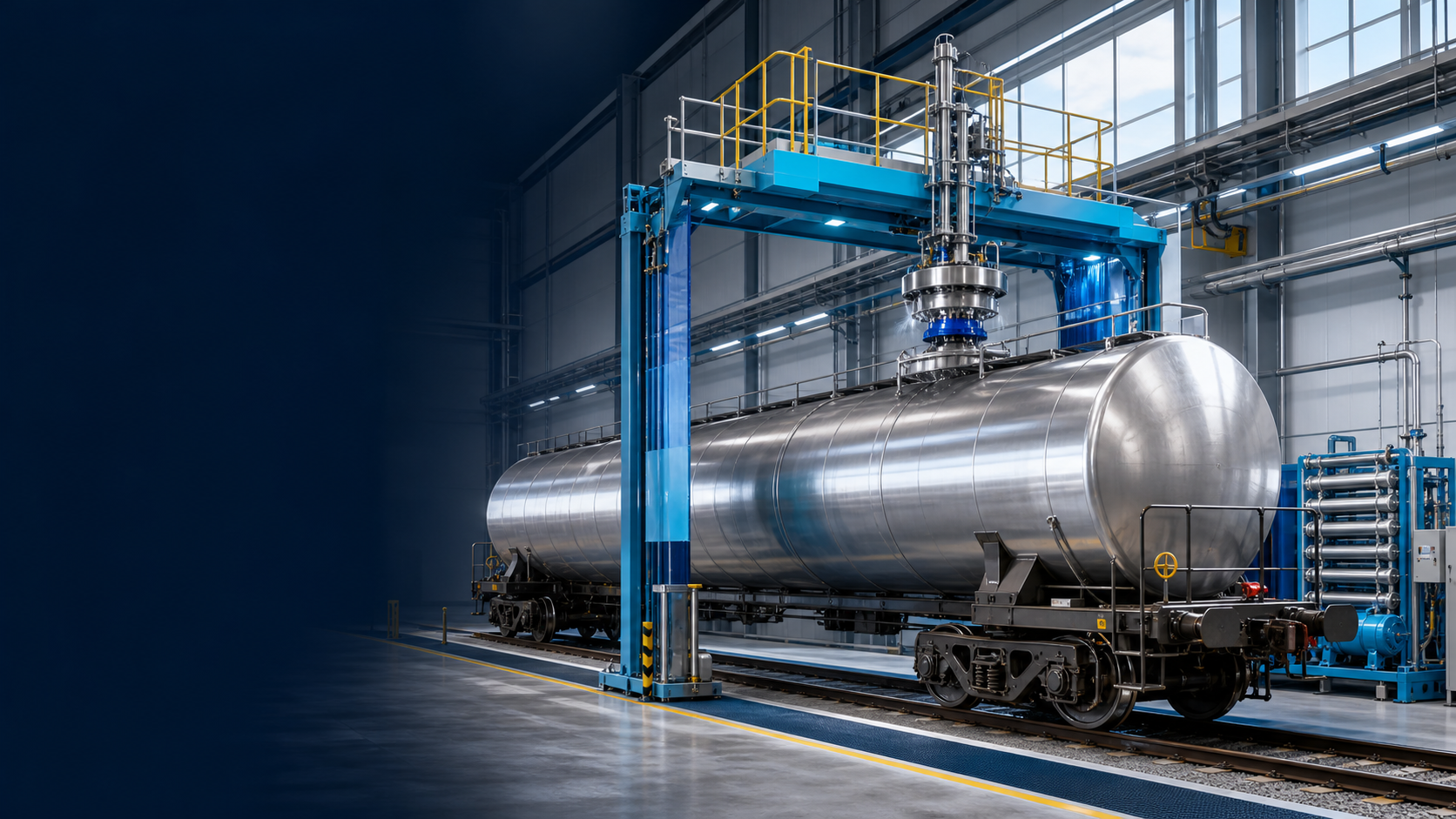 Horizontal rail tank car at an automated cleaning station